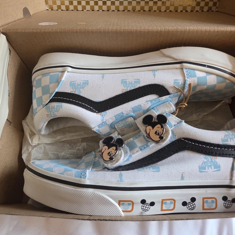 Disney x Vans Mickey Mouse Checkerboard Kids Sneakers Blue White Slip On Sz 3